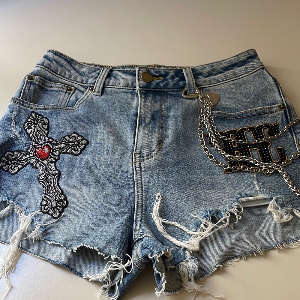 Embellished Denim Shorts with Chain Detail
